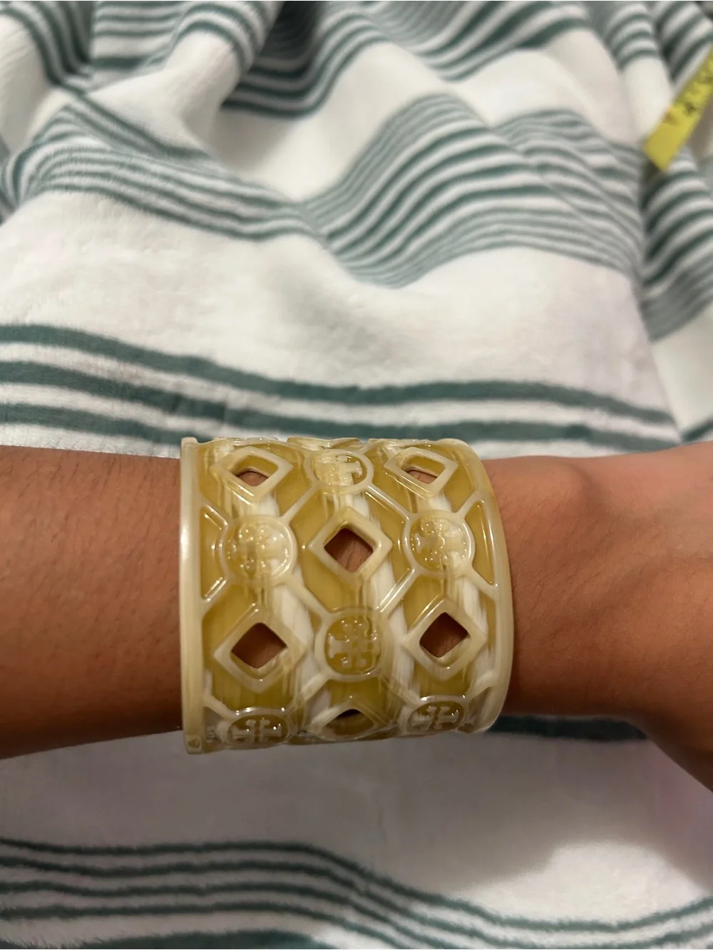 Tory Burch Yellow Carved Resin Logo Cuff Bracelet